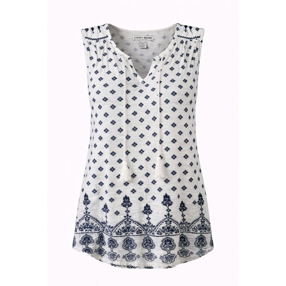 Lucky Brand Sleeveless Top XL White Blue Floral Boho Tank Blouse Tassel Tie Neck